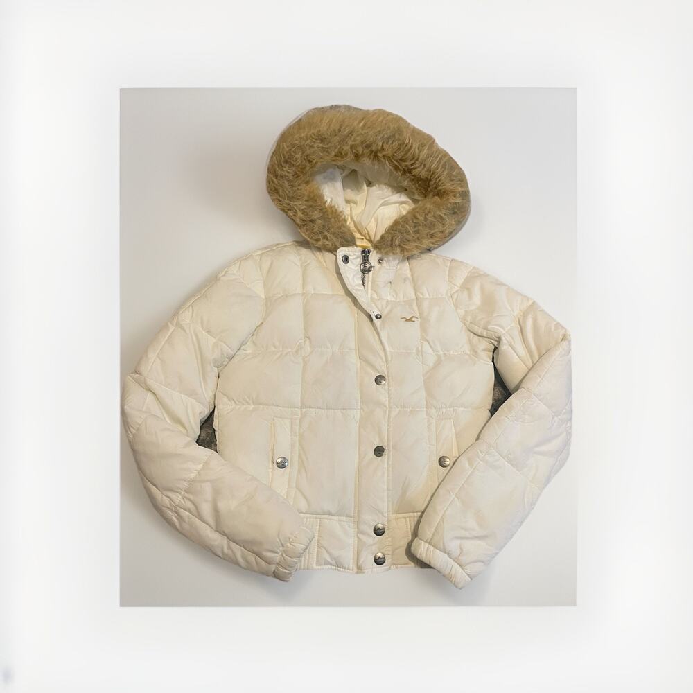VTG Y2K Hollister White Puffer Jacket Faux Fur Hood‎ - Women's Small/Medium